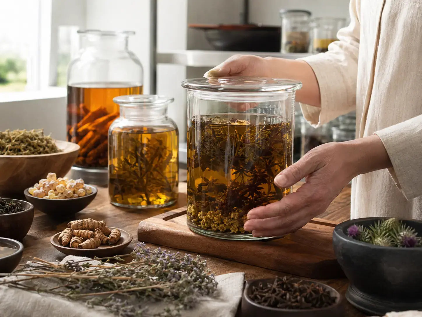Wisdom botanicals slowly cold-extracting in glass vessels
